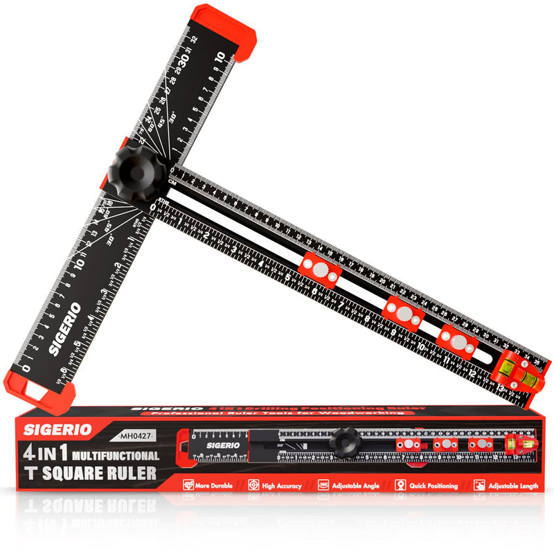 4 in 1 Drilling Positioning Ruler, Aluminum Alloy T Square Ruler 14in, Multifunctional T Ruler, Cabinet Handle Template Tool for Installating Handles, Cabinet Hardware Jig for Woodworking