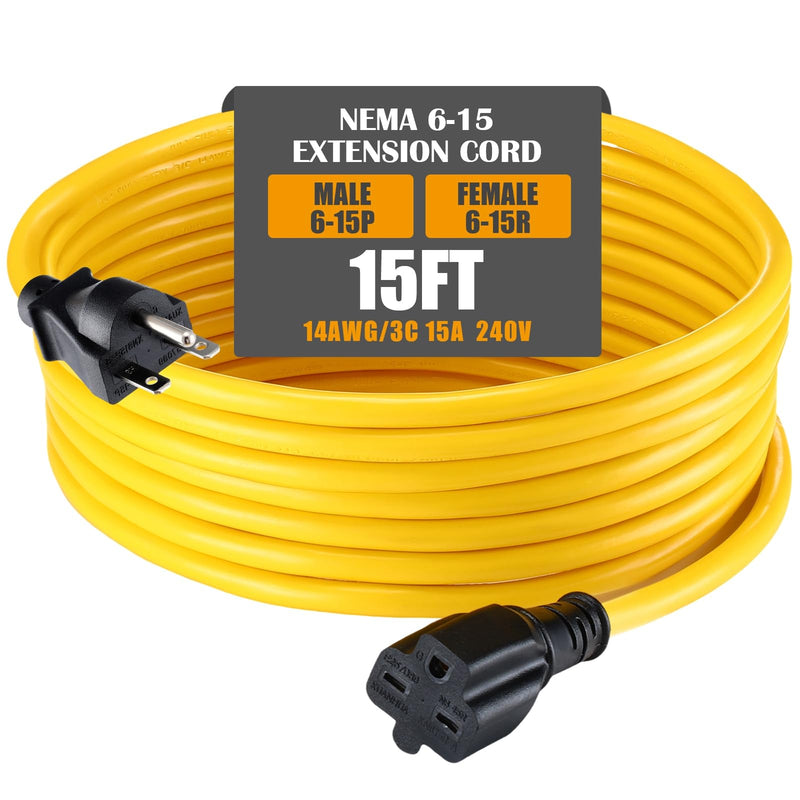 Tellegloww 15ft NEMA 6-15 Extension Cord 6-15P Male to 6-15R Female, 15 AMP Power Cable for 220/240V Air Condition, LED Grow Lights, Digital Ballast Power Cord Heavy Duty 14/3 AWG, 240V, 3750W Yellow 15 ft