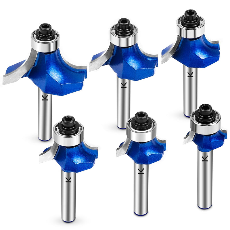 6Pcs Roundover Router Bit 1/4 Shank,Radius in 1/8" 3/16" 1/4" 5/16" 3/8" 1/2",Carbide Tip 2 Flutes Corner Rounding Over Edge Forming Router Bit with Bearing Guide CNC Woodworking Tool 1/8" 3/16" 1/4" 5/16" 3/8" 1/2" Radius 1/4" Shank