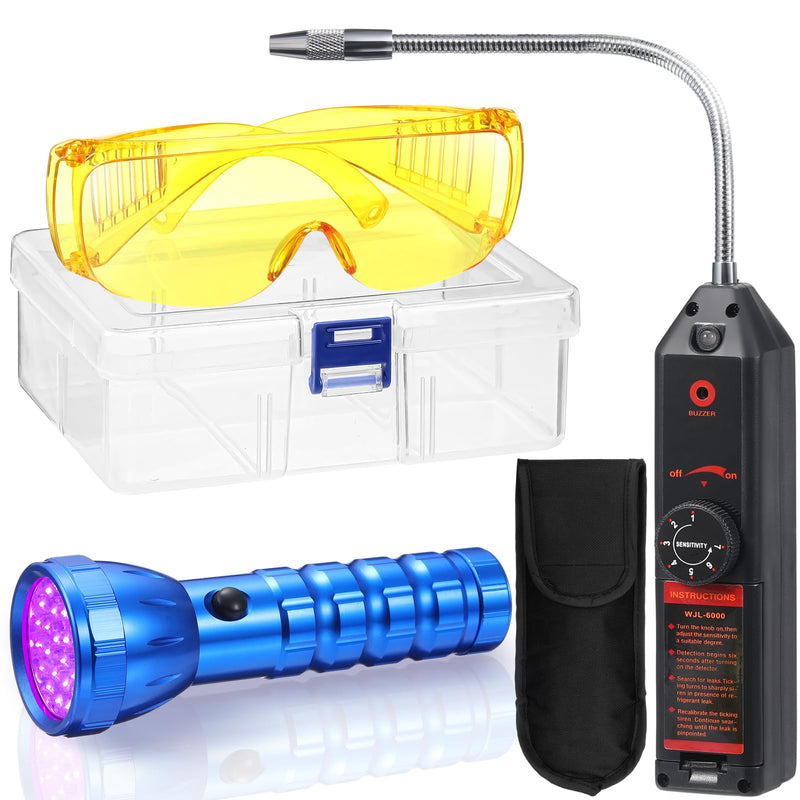 Auto Air Conditioner Leak Detector Tool WJL-6000 Refrigerant Leak Detector with UV Flashlight and Yellow UV Protective Glasses for HVAC Air Conditioner R22 R410A R134A (Large 28 LED)