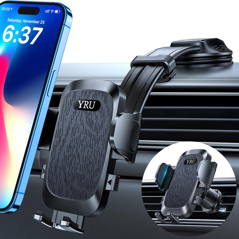 YRU [2025 Ultimate Car Phone Holder Mount [Bendable & Adjustable Aluminum Arm] Cell Phone Holder for Car Dashboard Windshield Phone Stand for iPhone 16 15 14 13 Pro Max Samsung Pickup Truck, Black