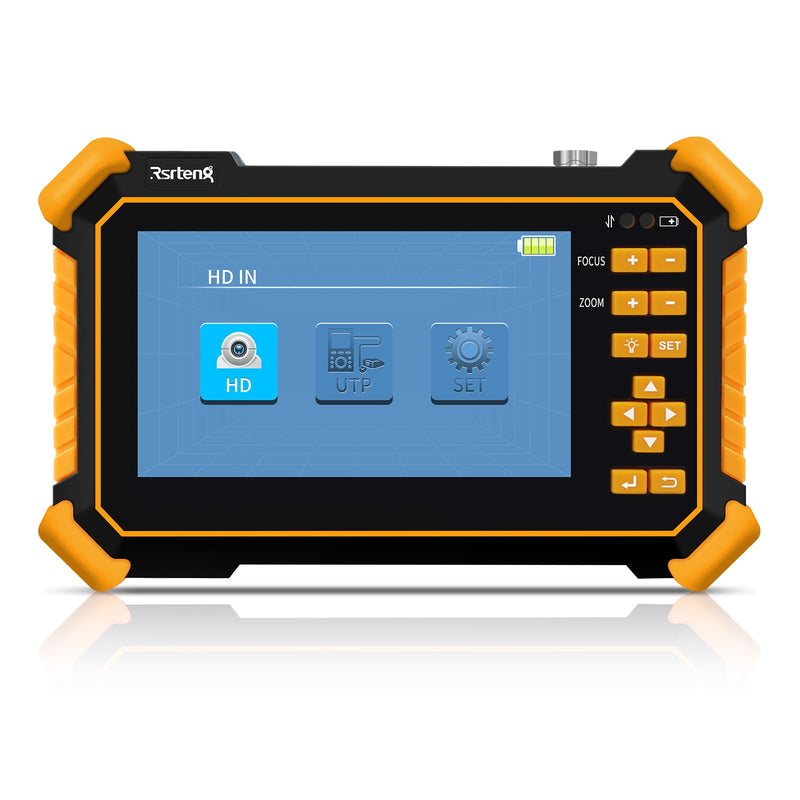 Rsrteng CCTV Tester Monitor Auto HD Coaxial Camera Tester 4K 8MP TVI/CVI/AHD/CVBS Analog Video Monitor 4.3 inch TFT-LCD Screen PTZ Control RS485 Call OSD Menu Audio DC12V Power Output Yellow