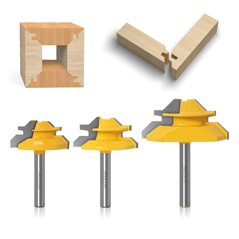 45 Degree Lock Miter Router Bits 1/4" Shank 3Pcs, C3 Carbide Set | 3 piece lock miter set, 1/4 inch shank, C3 tungsten carbide, 3/4 to 1-1/8 inch stock, cabinet joints, seamless corners 1/4inch Shank 3-Bit Set
