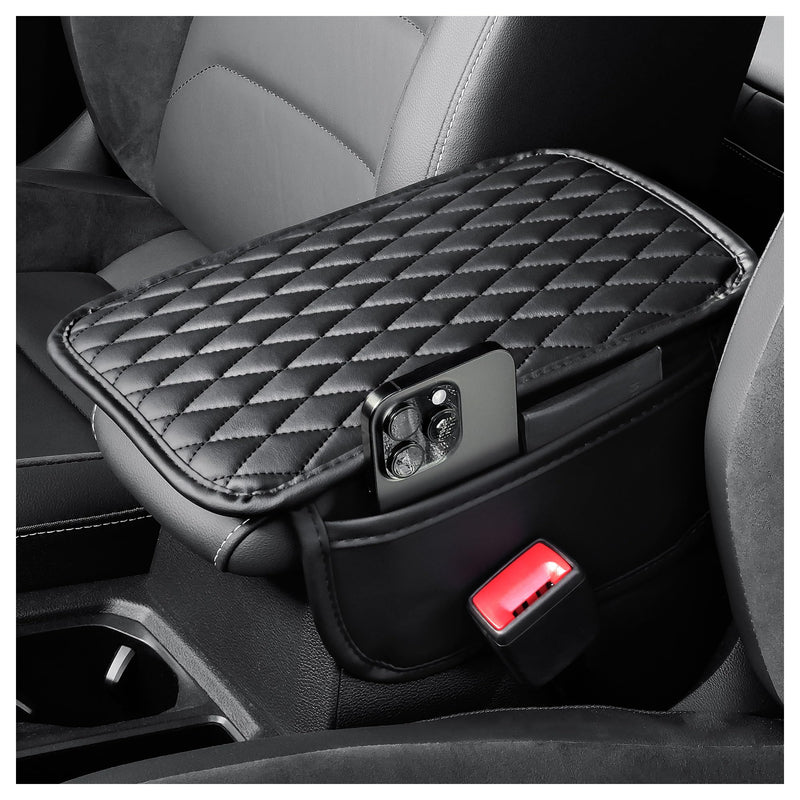 Arm Rest Cover for Car,Leather+Memory Foam Center Console Cover with Storage Bags,Universal Middle Console Cover Car Accessories Interior for Most Car Center Consoles (Black) Black