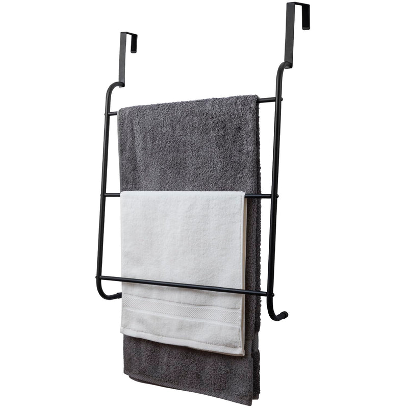 MyGift Over the Door Towel Rack, 3 Tier Modern Triple Towel Holder, Space Saving Bathroom/Laundry Room Clothes Drying Rack, Over Cabinet Towel Bar Hanger, Matte Black Metal Metal Black