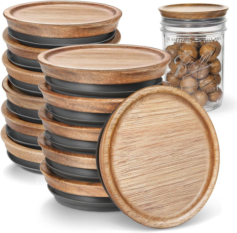 6 Regular Mouth and 6 Wide Mouth Wooden Mason Jar Lids for Ball/Mason Jars, Reusable Acacia Wood Mason Jar Lids with Airtight Silicone Seal Perfect for Dry Food Storage (6PCS-Regular + 6PCS-Wide) 6PCS-Regular + 6PCS-Wide