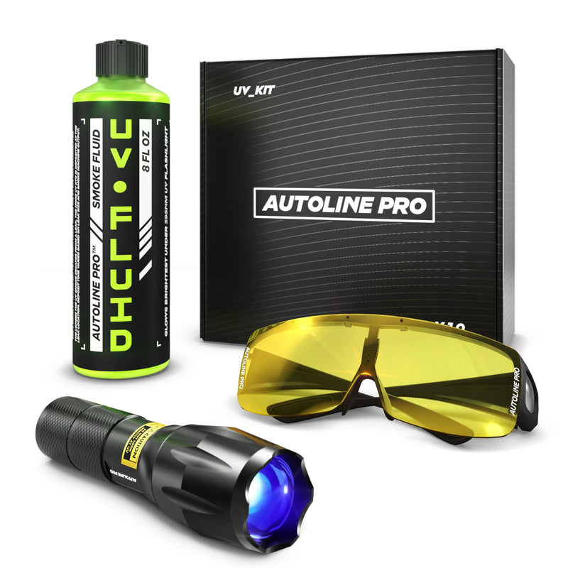  [AUSTRALIA] - AutoLine Pro UV KIT for Smoke Machine Leak Detection with Brightest & High Smoke Density UV Fluid, UV Premium Adjustable Goggle, and 395nm WAVELENGTH Ultraviolet UV Flashlight for EVAP Vacuum leaks
