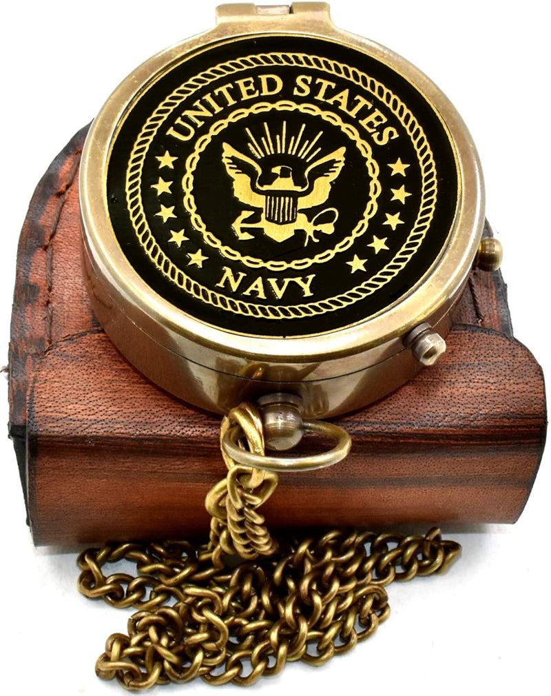 Navy Engraved Brass Pocket Compass with Leather Case, Vintage Antique Style Navigation Compass, Personalized Nautical Gift for Men, USN & Marine Inspired Keepsake for Graduation, Birthday