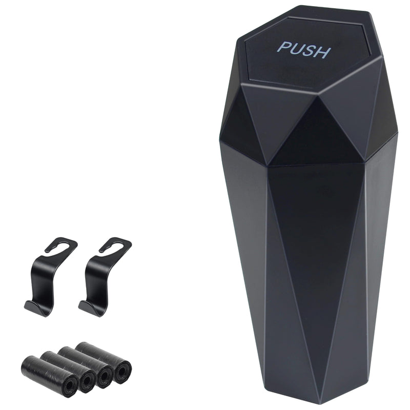Car Trash Can, Car Trash Bin with Lid, Car Accessories for Women Interior, Car Garbage Can with Additional 2 ABS Hooks and 60pcs Trash Bags, Suitable for Home, Office, Car Organizer, Black BLACK 1PC