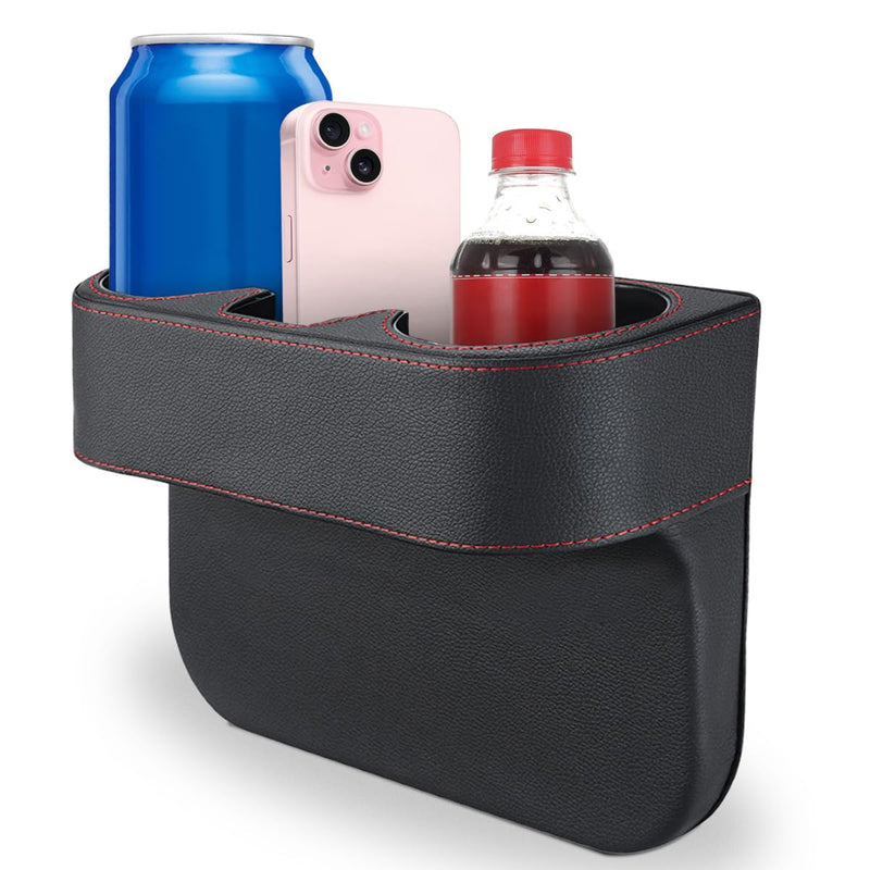 Car Cup Holder, Auto Front Seat Organizer, Multifunctional Cup Drink Holders with PU Leather Cover, Gap Filler Storage Box Coin Bucket Console Side Pocket Cell Mobile Phone Holder (Black) Black