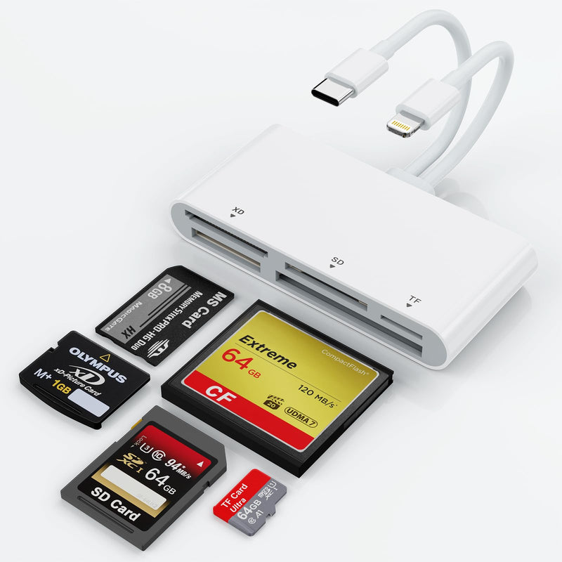 USB C Lightning Multi Card Reader for SD CF XD MS Micro SD TF, 5 in 1 Multi Memory Card Reader Adapter Hub for iPhone/iPad/MacBook/Samsung, for Windows, Mac OS, iOS, Linux, Android USB C+Lightning