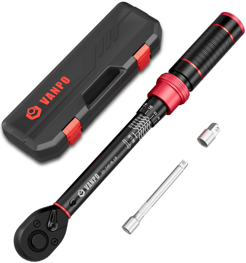 1/4-inch Drive Click Torque Wrench, 20-240 in. lb/2.3-27.1 Nm, Inch Pound Torque Wrench Set with 1/4" to 3/8" Adapter, 10cm Extension Bar, Small Bike Torque Wrench for MTB, Bicycle Maintenance 1/4-Inch 20-240 In.lb/2.3-27.1 Nm