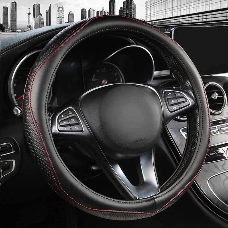 High-Grade Real Cowhide Steering Wheel Cover for Men Women，Black Genuine Leather Steering Wheel Cover for Cars,Universal 14.5-15 inch Steering Wheels Black Leather[14.5"-15"]