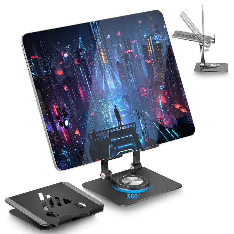 Adjustable & Foldable Tablet Stand for iPad Pro, Portable Monitor Holder With 360 Rotating Base, Fit for Computer Office Desk Accessories (Black) Black