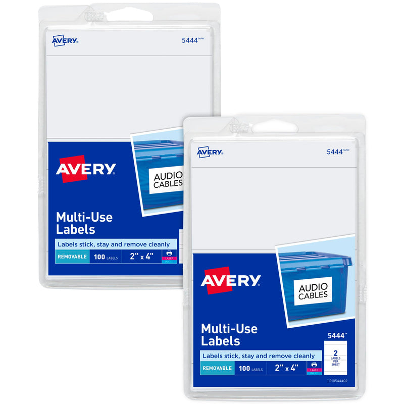 Avery Printable All-Purpose Removable Labels, 2" x 4", Customizable Blank White Labels, Write or Print, Great for Organization Projects, 2 Packs, 200 Total (7827) 200 labels