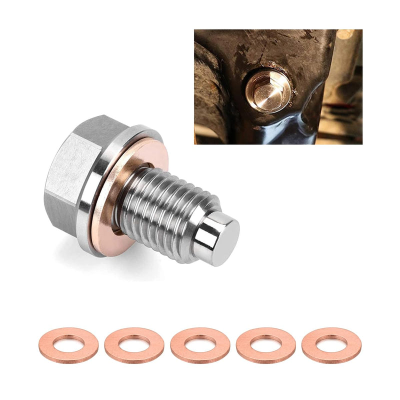 M14×1.5 Magnetic Oil Drain Plug, Aluminum Stainless Steel Sump Drain Nut Bolt with 5 Copper Crush Washer, Universal Leak-proof Replacement Car Accessories for Most Vehicles M14×1.5
