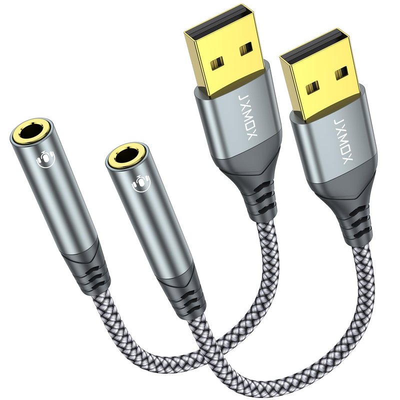JXMOX USB to 3.5mm Audio Adapter (2-Pack) - USB-A to 3.5mm TRRS 4-Pole Female External Stereo Sound Card for Headphones, Mac, PS4, PS5, PC, Laptops, Desktops 2-Pack 6 inch / 15 cm