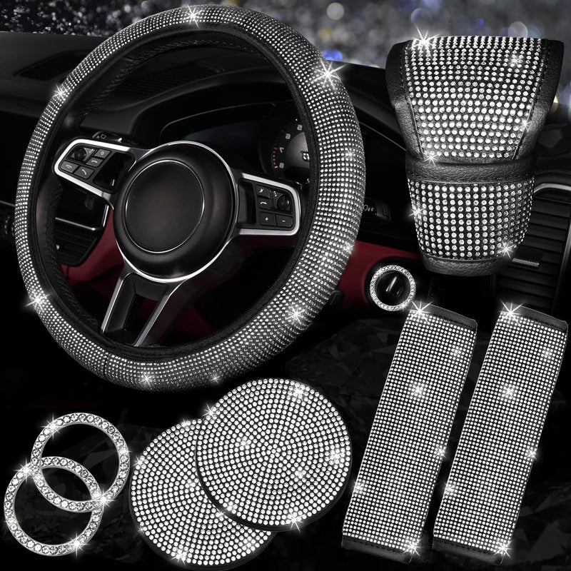 NBTEPEM 8 pcs Bling Car Accessories Set for Women, Steering Wheel Cover, Sparkly Seat Belt Covers, Bling Gear Shift Cover, Universal Fit Most Cars (Silver Diamond) Silver Diamond