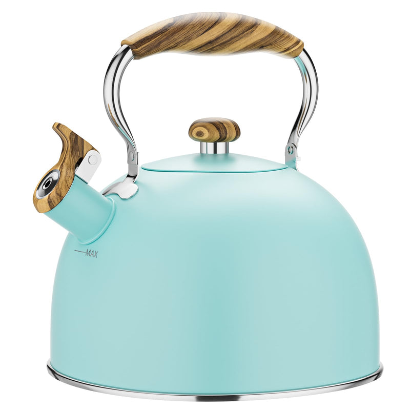 2.6 Quart Tea Kettle Stovetop Whistling for Stove Top, Blue | Food Grade Stainless Steel Tea Kettles with Cool Wood Pattern Handle, Induction Compatible 2.6 Quarts