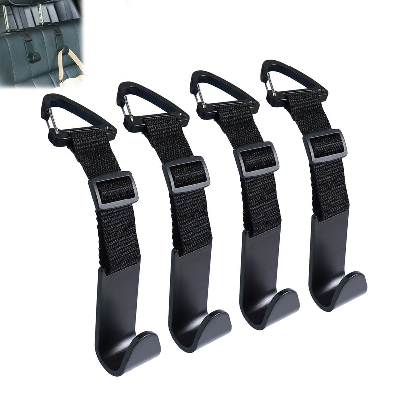 Amooca Headrest Hooks for Car Adjustable 4 Pack Vehicle Seat Back Organizer Storage Hanger Holder for Purse Bags Universal Fit with Clip Black