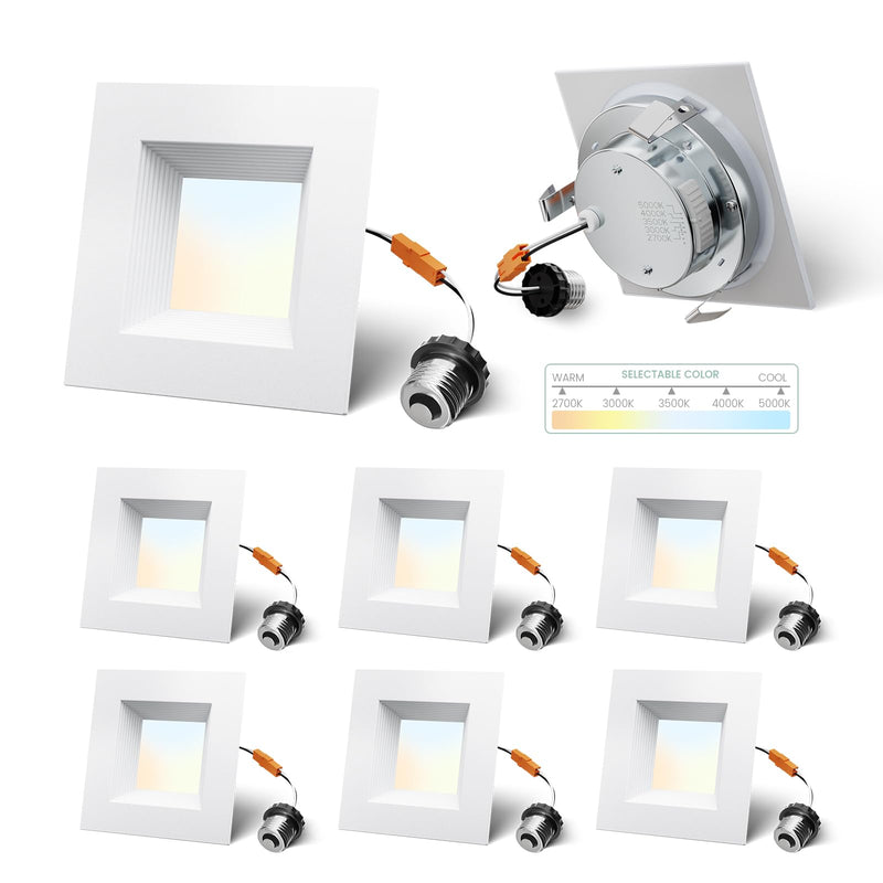 4 Inch Led Recessed Lights Square,Led Downlight Square White,with Baffle Anti-Glare,5CCT 2700K-5000K Dimmable,9W 800LM,ETL & ES(6 Pack) 6 Pack