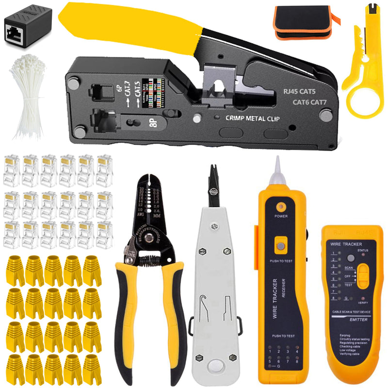 LEATBUY Crimping Tool Kit for RJ45/RJ11/RJ12/CAT5/CAT6/Cat5e/CAT6e/6P/8P, Professional Network Crimper Wire Connector Stripper Cutter, Computer Maintenance Lan Repair Tool Set(Yellow) Yellow