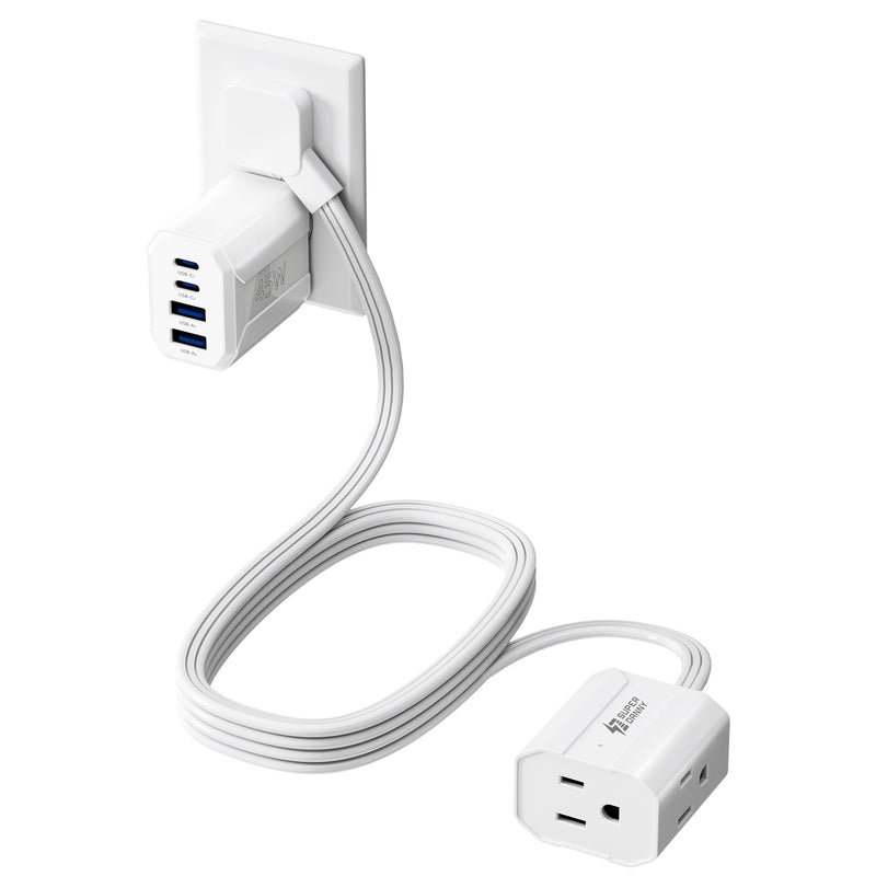 SUPERDANNY Detachable Travel Power Strip,45W USB Fast Charge,2 USB-C & 2 USB-A with 3 Outlets Flat Plug Extension Cord 5ft,Portable Charger for Travel Essentials for Travel Cruise Home, White 5 FT Upgrade Extension Cord with Adapter