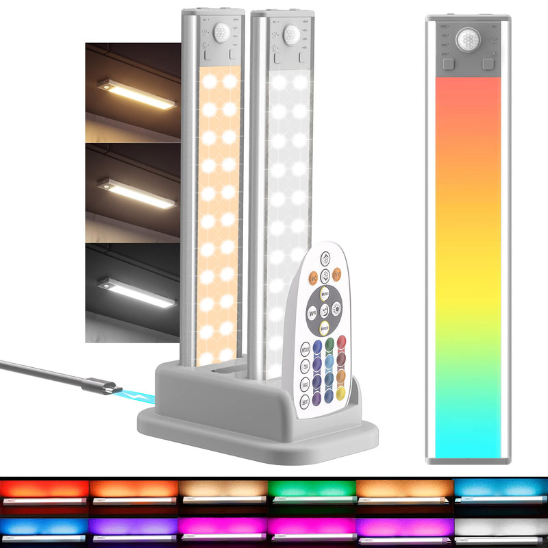 Under Cabinet Lights with Charging Station, 24LED Dimmable Rechargeable Motion Sensor Light Indoor with 15 Color Temperatures, Magnetic RGB Stick-Anywhere Closet Light for Stair Kitchen (3) 3 Pack with Charge Station