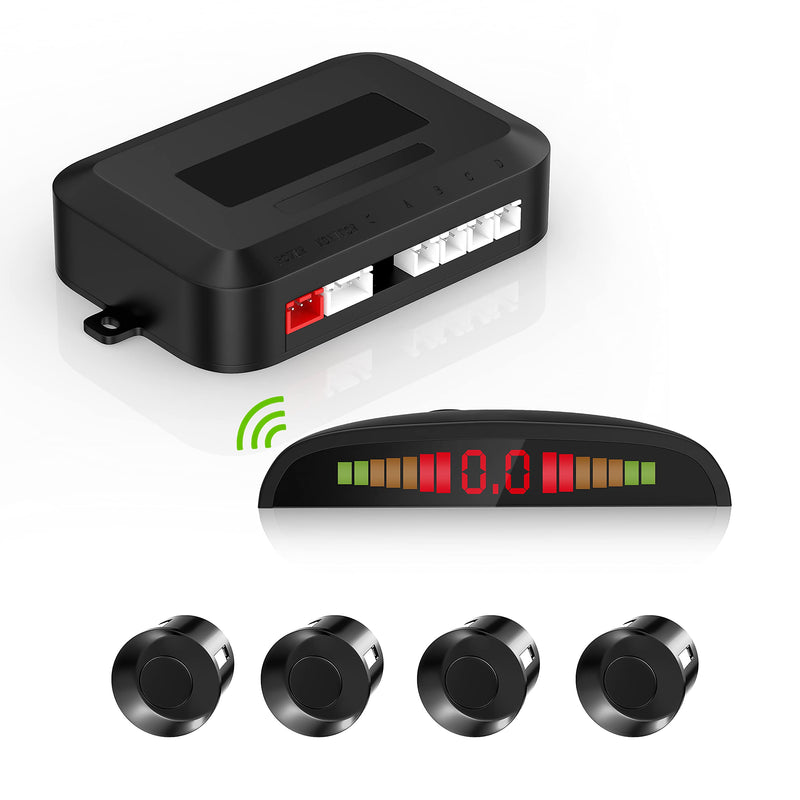 EKYLIN Cordless Parking Sensor, Reverse Sensor System with 4 Car Backup Sensors, LED Distance Display with Sound Warning + 4 Black Parking Sensors for Cars, Vans, RVs, and Trailers