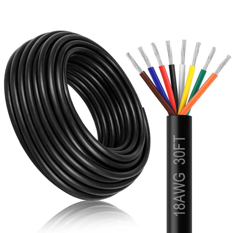 18 Gauge 8 Conductor Electrical Wire, 30FT 18AWG Black PVC Stranded Tinned Copper 8 Wire Cable, 18/8 Cord Extension Cable for LED Lamp Lighting, Automotive Wiring, Speaker, Access Control 18 Gauge-8C