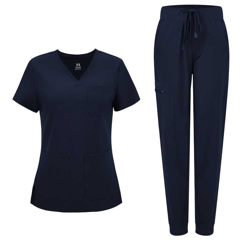 COZYFIT Medical Scrubs for Women Set - Curved V-Neck Scrub Top & Jogger Pants with 8 Pockets Large Navy Blue