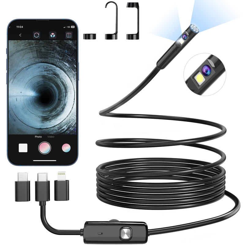 Endoscope Borescope with 8+1 Adjustable LED Lights, 11.5/16.4 FT Semi-Rigid Cable Snake Camera, IP67 Inspection Camera for Android and iOS Smartphone, Tablet (11.5 FT), Black 11.5 FT