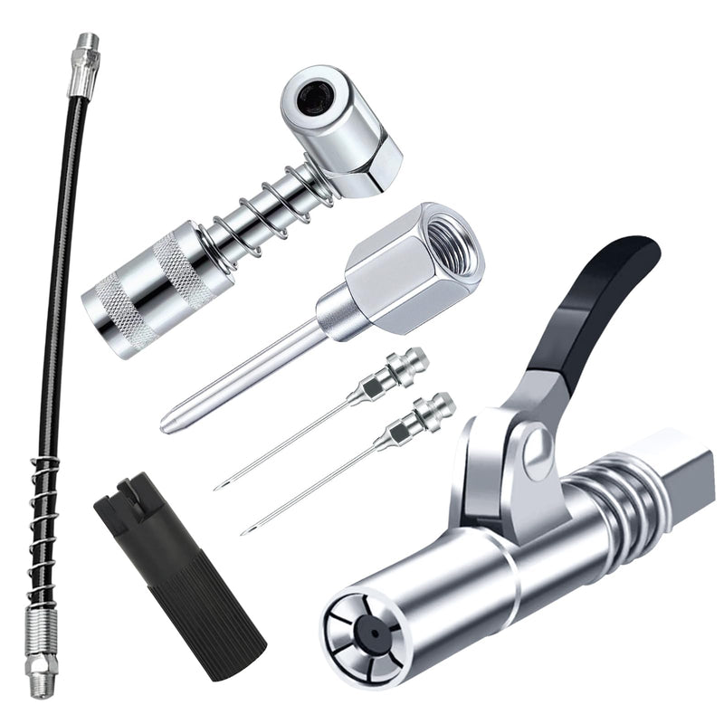 Grease Gun Accessory Kit,includes Grease Needle Dispenser, 2pcs Grease Needle Nozzles, 90 Degree Grease Coupler Adapter with Sleeves, Grease Gun Coupler, 12 Inch Grease-Gun-Hose, Zerk Fitting Cleaner