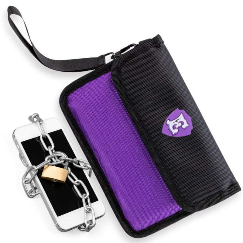 Large Signal Blocking Faraday Bags for Phones, Key Fob Signal Blocker, RFID Key Fob protector, Two-Tone Color Faraday Pouch for key fob w/Removable Handle, Zipper closure on back pocket Purple