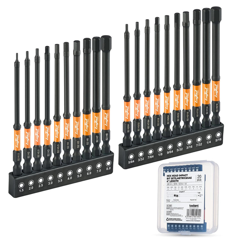 Toolant Impact Allen Wrench Drill Bit Set 20pcs (Metric & SAE), 1/4" Hex-Shank S2 Steel Hex Bits, CNC Machined Tips with Magnetism, 4" Long with Storage Box Metric&SAE(20pcs)