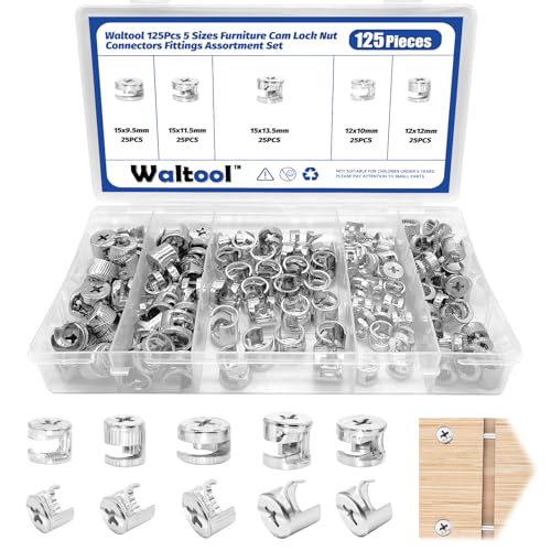 125Pcs 3 in 1 Furniture Connecting Cam Lock kit, Eccentric Wheels Bolt Fittings Fasteners Hardware Parts Nut & Bolt Assortment Set for Cabinet Drawer (15*9.5/15*11.5/15*13.5/12*10/12*12mm)