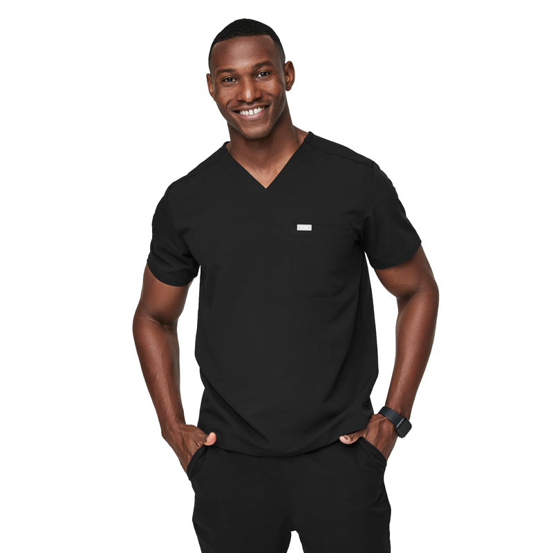 FIGS Leon Scrub Top for Men – 3 Pockets, Tailored Fit, Modern V-Neck, 4-Way Stretch, Moisture-Wicking Medium Black