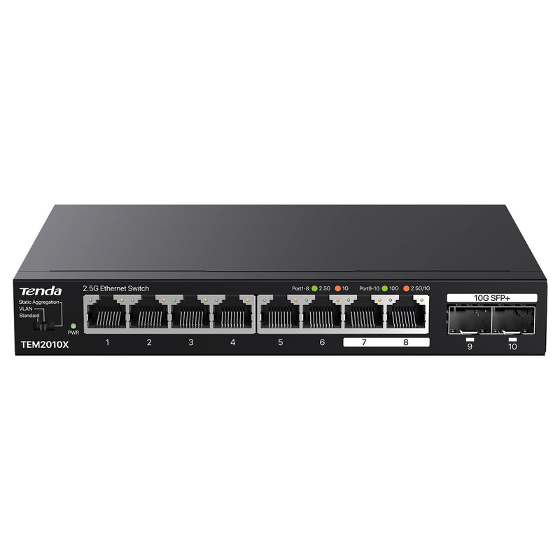 Tenda TEM2010X 8 Port 2.5G Ethernet Switch, Unmanaged 2.5Gb Switch with 8 x 2.5G Ports & 2 x 10Gb SFP+ Slots, Support VLAN & Static Link Aggregation, 80Gbps Switching Capacity, Fanless Metal Design