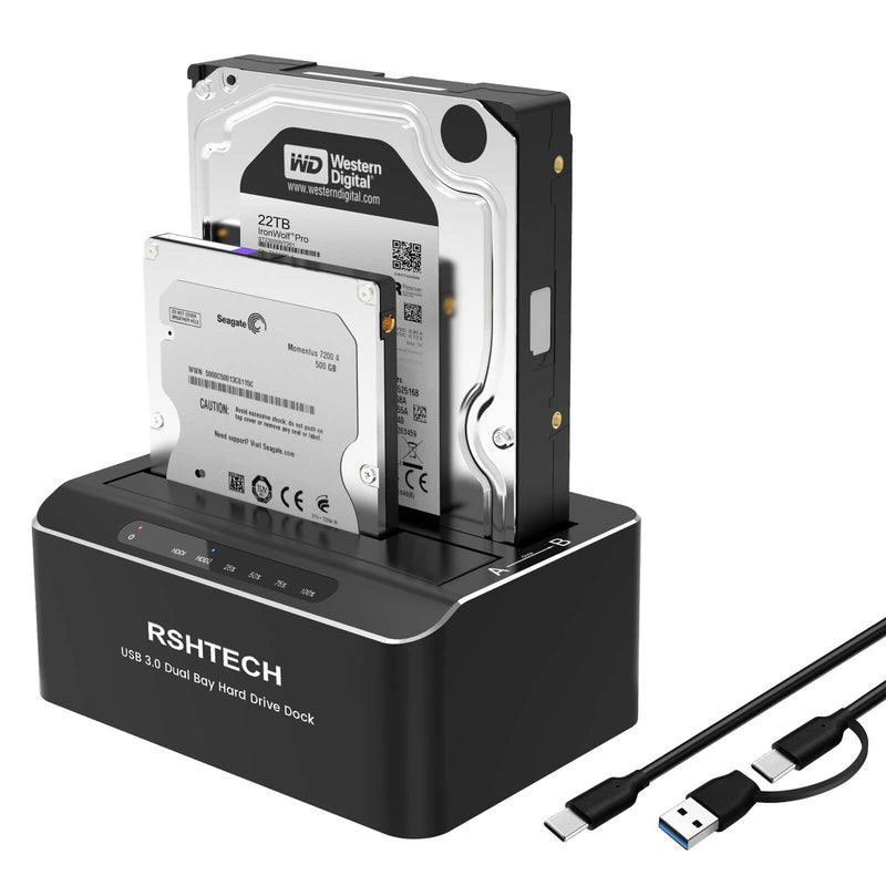 RSHTECH USB-C/USB 3.0 to SATA Dual Bay Hard Drive Docking Station Aluminum | External Hard Drive Dock Reader for 2.5/3.5 inch HDD SSD, with USB-C/A Cable, Support Offline Clone, UASP, 2x22TB, RSH-DS01C
