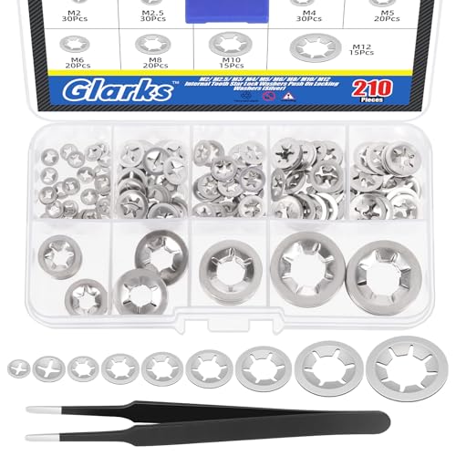 Glarks 210Pcs Metric M2 M2.5 M3 M4 M5 M6 M8 M10 M12 304 Stainless Steel Internal Tooth Star Lock Washers Assortment Kit External Push Rings Quick Speed Locking Washers with 1Pcs tweezer