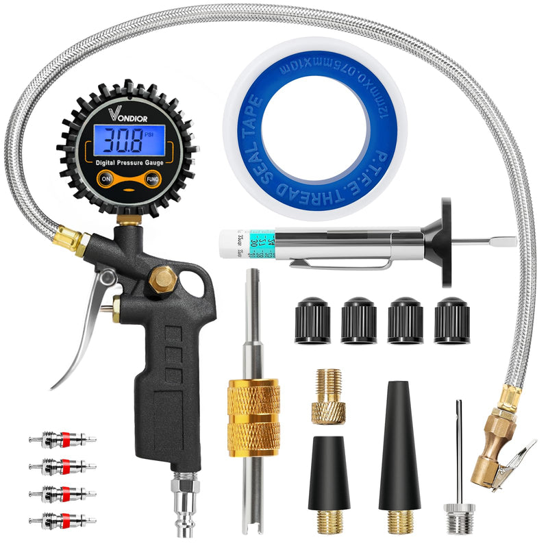 Vondior Digital Tire Pressure Gauge with Inflator, 250 PSI Heavy Duty Air Chuck with Tire Tread Depth Gauge, Stainless Steel Braided Hose with Quick Connect Coupler, Car Accessories 3-250PSI Tire Inflator Gauge