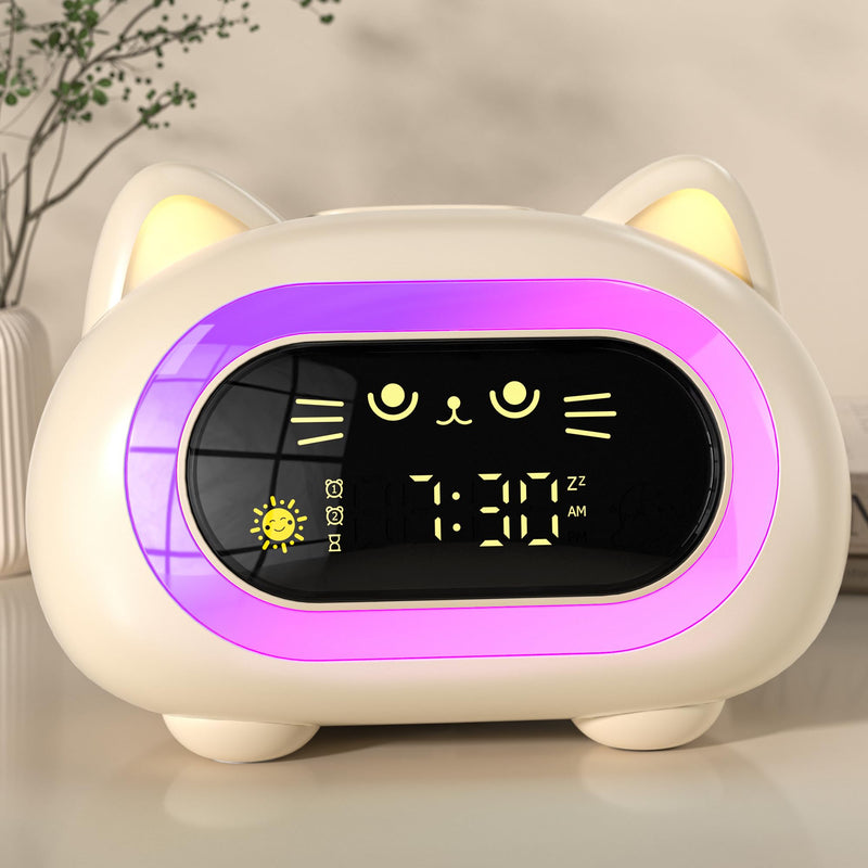 Alarm Clock for Kids, Ok to Wake Clock for Kids with Eye Protection Sleep Training Auto Off Feature 10 Night Light Dual Alarm, Kids Alarm Clock Cute Cat Gifts for Girls Creamy White New