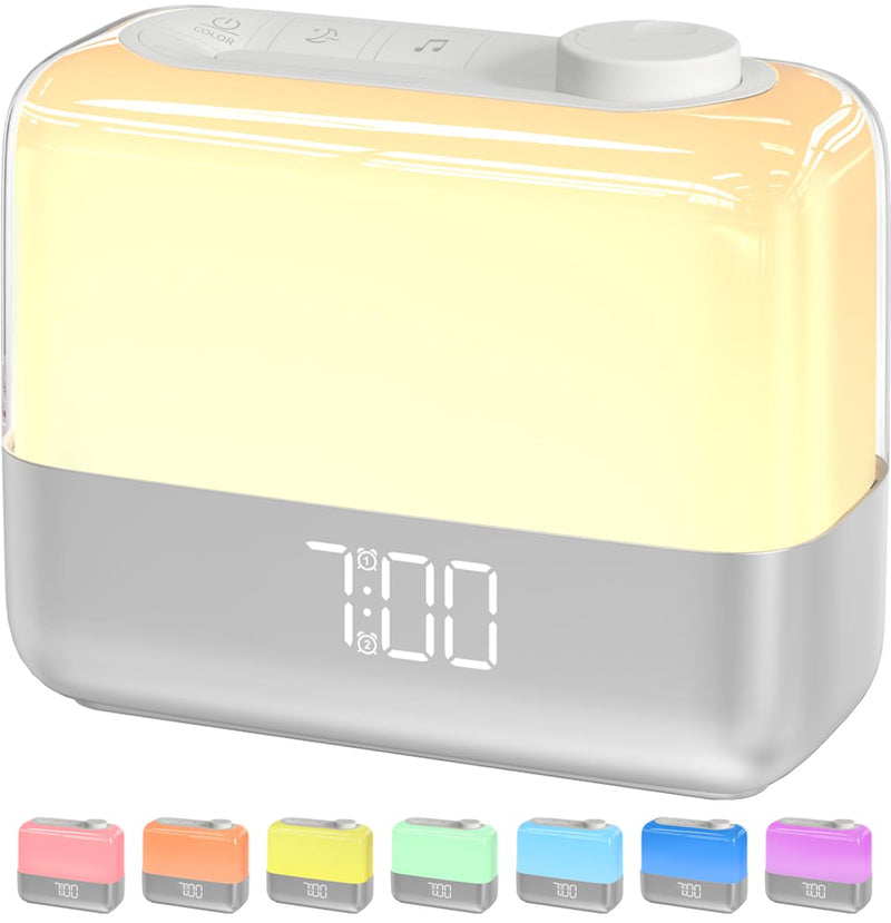 Sunrise Digital Alarm Clock for Bedroom: Wake-up Light, RGB Ambient Night Light, 9-Mins Snooze, 6 Natural Sounds, 7 Volume, Rechargeable Battery, Dual Loud Alarms for Heavy Sleepers (Silver)
