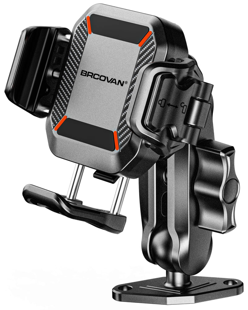 BRCOVAN Anti-Theft Phone Mount Holder with Vibration Dampener, 1s Locking | Don't Block Camera, with Aluminum Diamond Base & Medium Arm, for Car Boat Truck Motorcycle UTV, Fit 5.4-7.2'' Smartphones