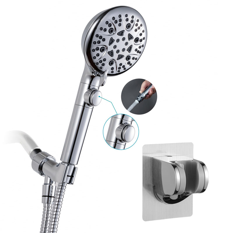 Handheld Shower Head with ON/OFF Switch,Detachable 8 Mode High Pressure Shower Wand with Long Hose and Bracket PLUS Extra Adhesive Holder for Lower Mount,Built-in Power Wash to Clean Tub,Silve Silver