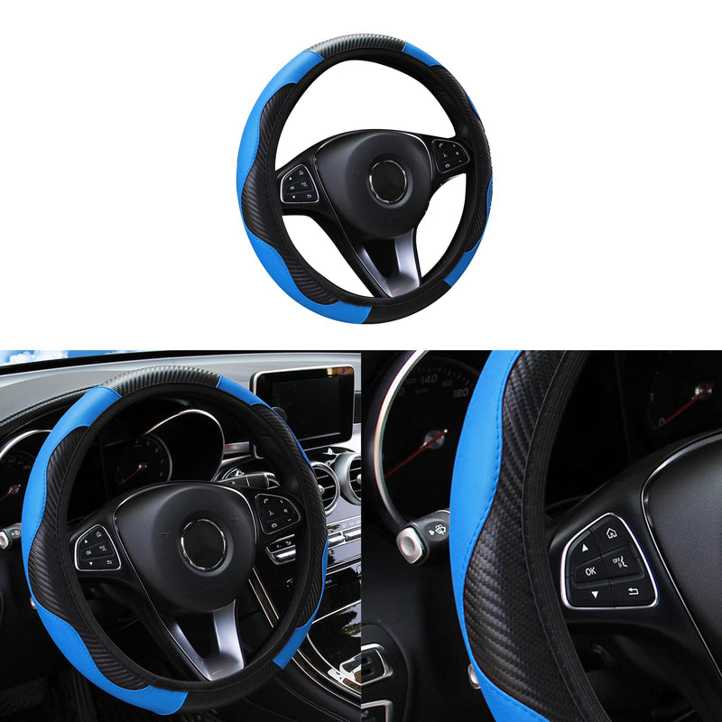 Car Steering Wheel Cover, 15 inch Carbon Fiber Microfiber PU Leather Elastic Steering Wheel Protector for Men Women, Anti-Slip Breathable Car Interior Accessories for Most Cars (Blue) Blue