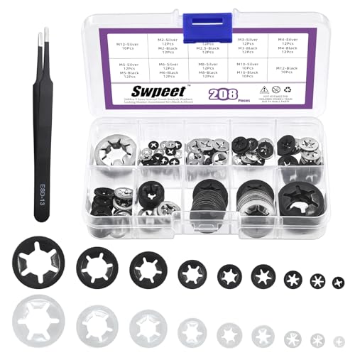 Swpeet 208Pcs 9 Sizes 304 Stainless Steel + Manganese Steel Internal Tooth Lock Washers with Tweezers Kit, M2 M2.5 M3 M4 M5 M6 M8 M10 M12 Spring Push On Locking Nuts Speed Clips Retaining Clips