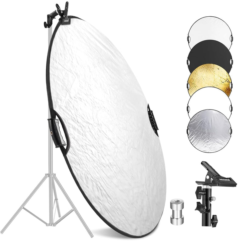 NEEWER 22"/56cm Light Reflector with Clamp & Hand Grips, 5 in 1 Collapsible Multi Disc Photography Reflector Translucent/Silver/Gold/White/Black with 3/8" Thread for Studio Outdoor Lighting, RF-56II 56cm w/Clamp