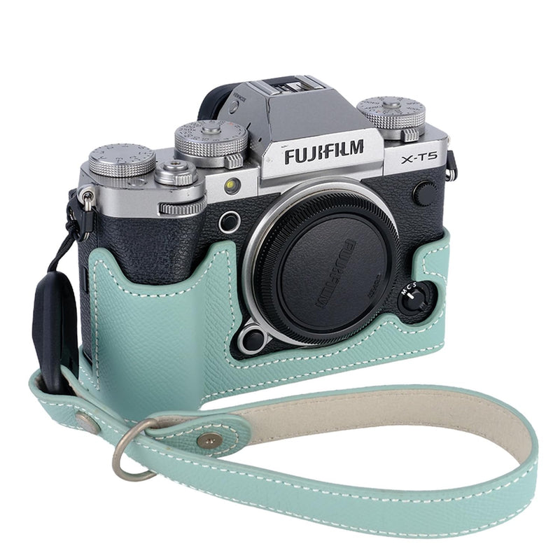Bowan X-T5 Camera Case, Handmade Genuine Real Leather Half Camera Case Bag Cover for Fujifilm Fuji X-T5 X-T5 Camera Bottom Opening Version + Hand Strap (Mint green) Mint green