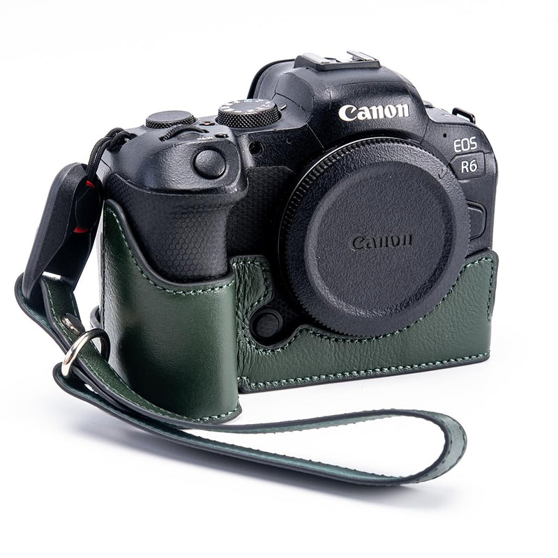 for Canon EOS R6/R6II Camera Case,Handmade Genuine Real Leather Half Camera Case Bag Cover for Canon EOS R6/R6II Camera Bottom Opening Version + Hand Strap (Vintage Green) Vintage green